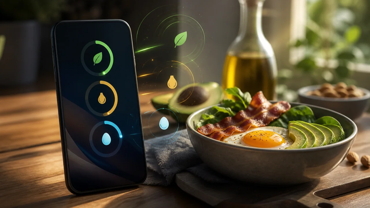 Cinematic illustration of a phone home screen with subtle macro rings beside a prepared keto breakfast