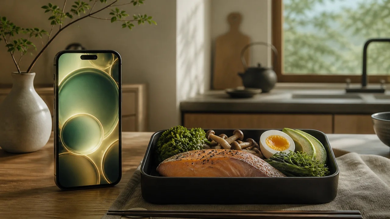 Cinematic illustration of a Japanese phone home screen with macro rings beside a keto breakfast tray