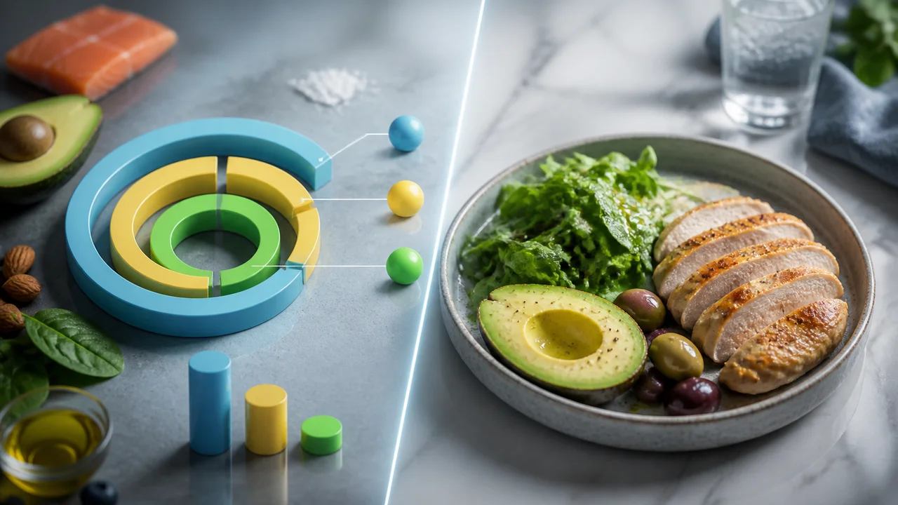 Cinematic illustration of macro rings and net carb numbers beside a labeled keto lunch plate