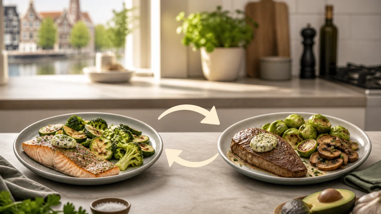 Cinematic illustration of two Dutch keto plates and a phone showing a quick meal swap on the weekly plan
