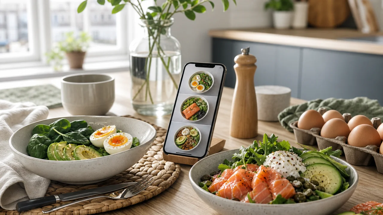 Redactionele illustratie van een keto maaltijdplan op een telefoon naast verse low-carb ingrediënten