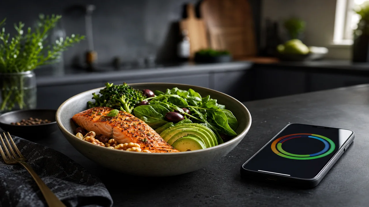Cinematic illustration of macro rings on a phone screen next to a prepared keto lunch bowl
