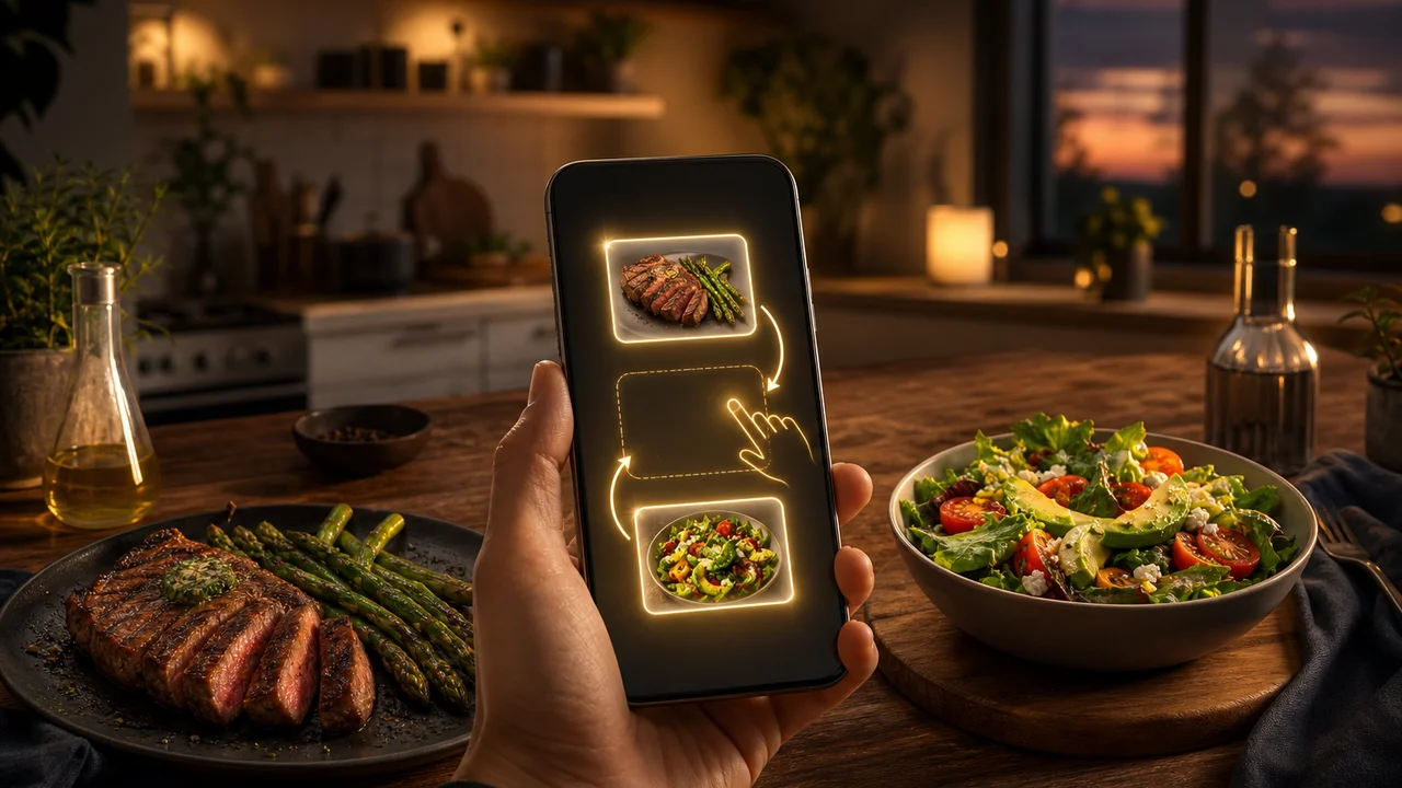 Redaktionelle Küchenszene mit zwei Keto-Tellern und Smartphone, das einen Mahlzeitentausch im Wochenplan zeigt