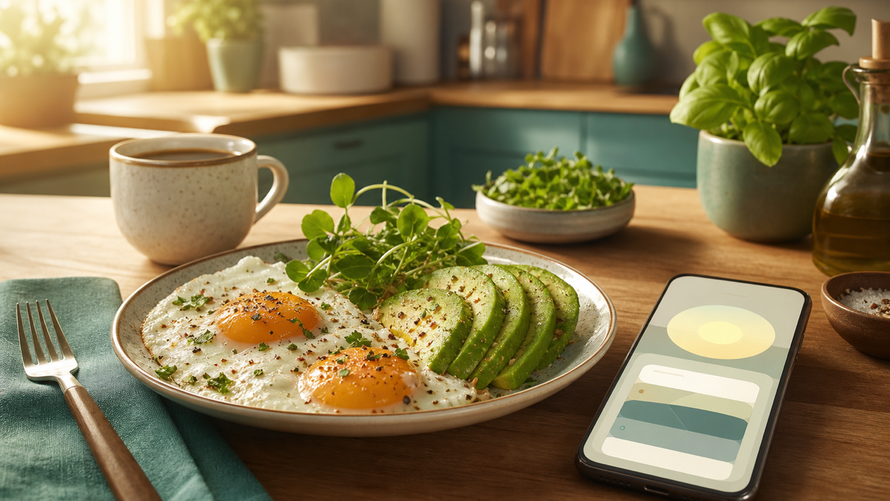 Editorial kitchen scene with a beginner-friendly keto plate and a phone showing a simple daily meal plan