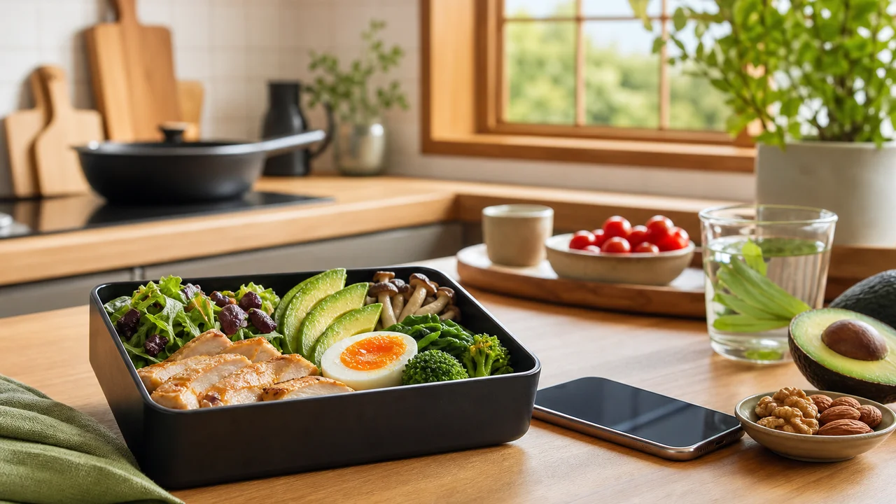 キッチンカウンターに置かれたスマホと低糖質食材を描いた編集イラスト