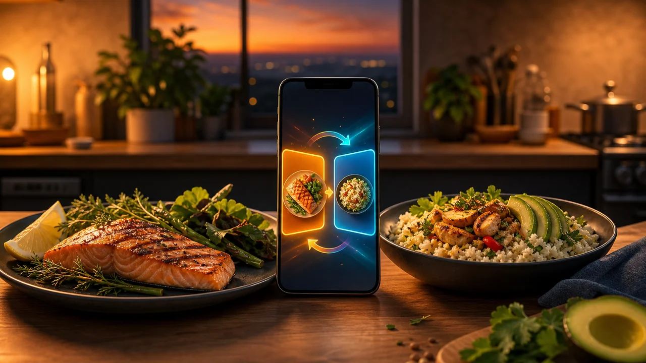 Editorial kitchen scene with two keto plates and a phone showing a meal swap on a weekly low carb plan