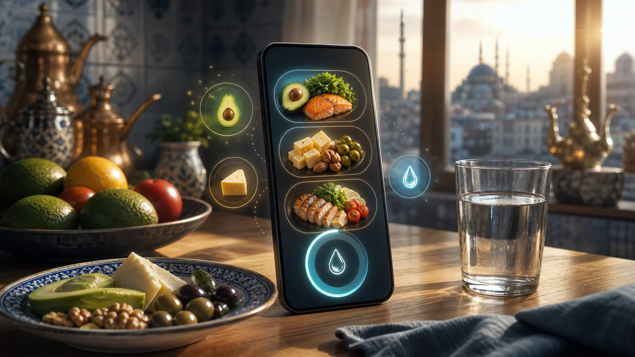 Editöryal illüstrasyon: ana ekranda keto widget, su bardağı ve öğün slotları gösteren telefon