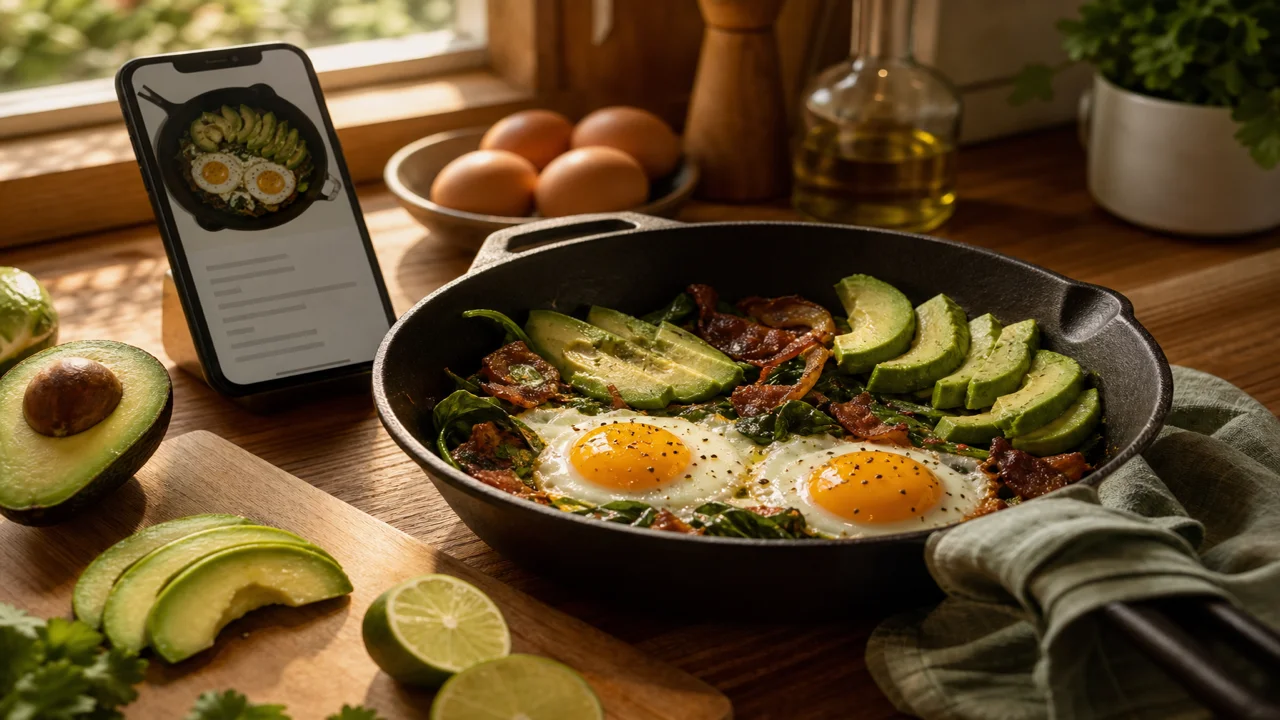Warm editorial kitchen scene with a skillet of eggs and greens beside a phone showing a recipe card