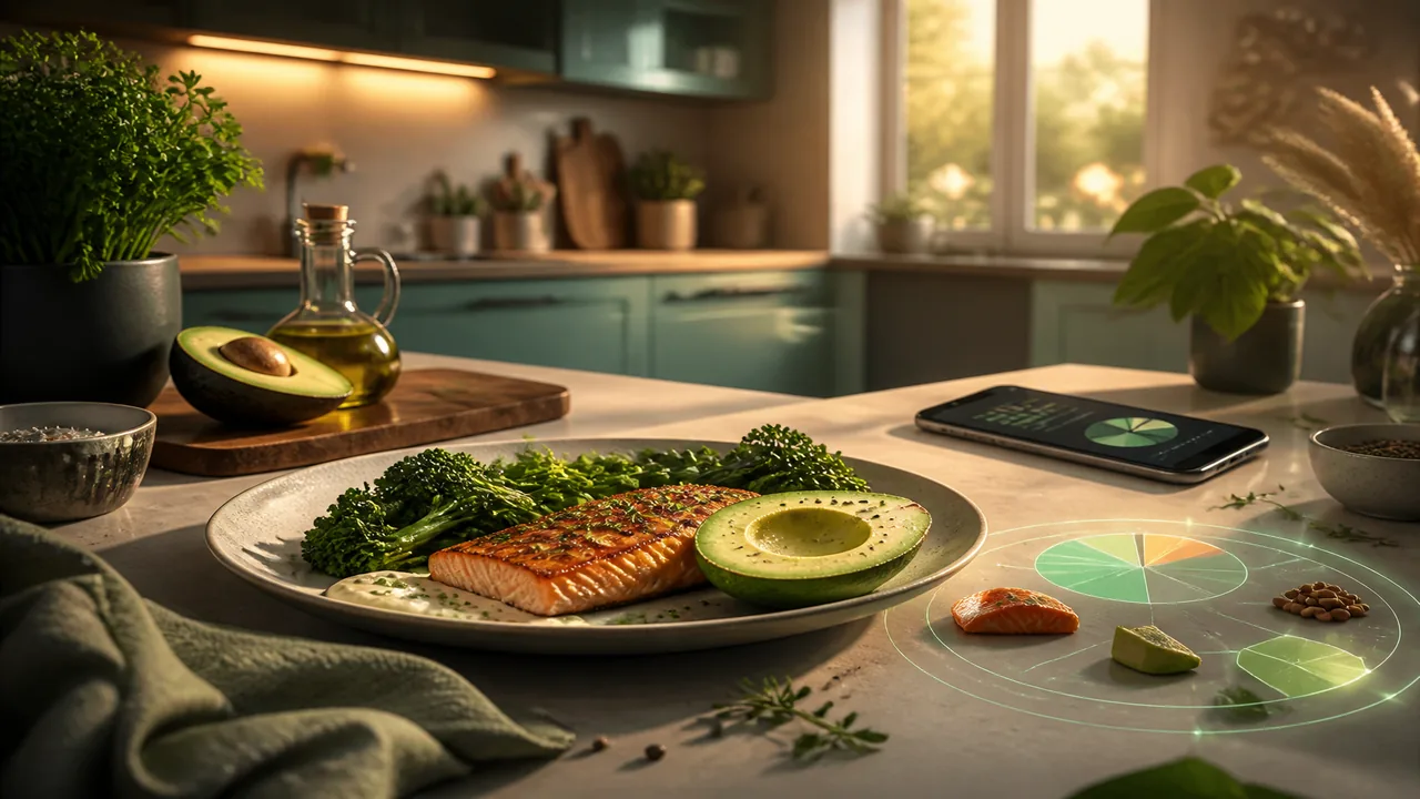 Cinematic kitchen scene with a simple keto plate, herbs, and soft meal-plan glow