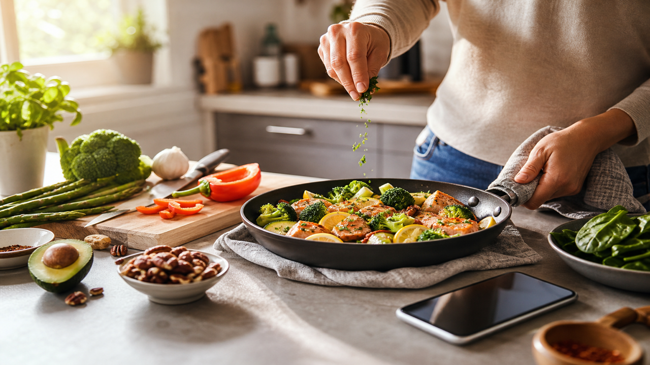 Helle Küche mit einfachen Keto-Zutaten und Smartphone, das ein Rezept mit Makroangaben zeigt