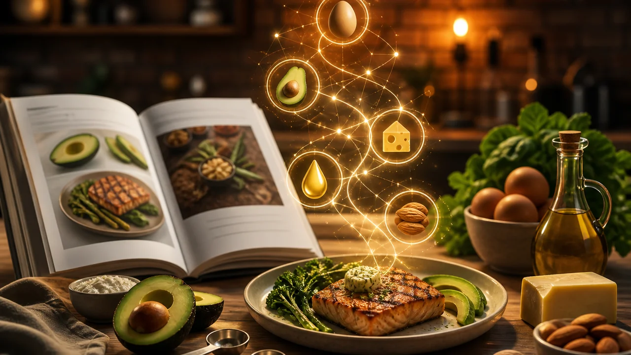 Cinematic illustration of a German keto dinner plate beside a phone showing editable macro fields