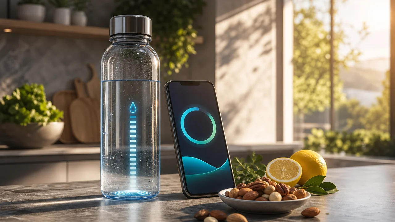 Cinematische Illustration einer Wasserflasche und eines Smartphones mit Hydrations- und Makro-Fortschritt auf dem Today-Bildschirm