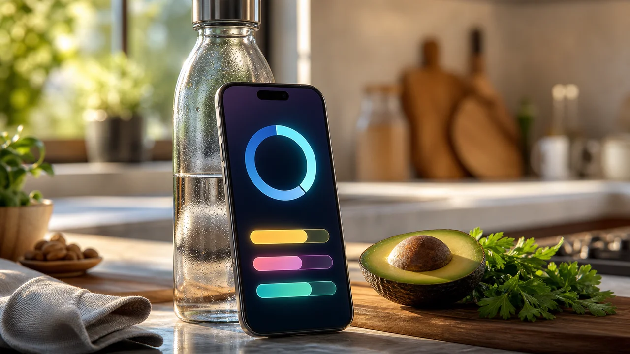 Cinematic illustration of a water bottle and phone showing hydration progress beside a keto meal plan on the Today screen