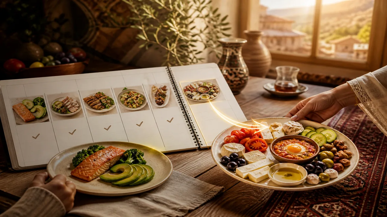 Turkish breakfast plate gently swapped beside a soft weekly planner metaphor