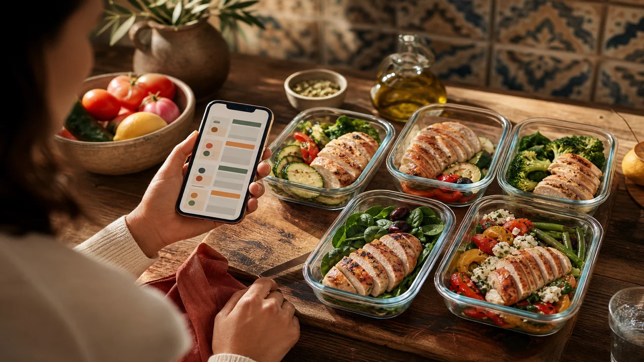 Haftalık keto menü hissi veren masa düzeni; telefonda öğün planı illüstrasyonu