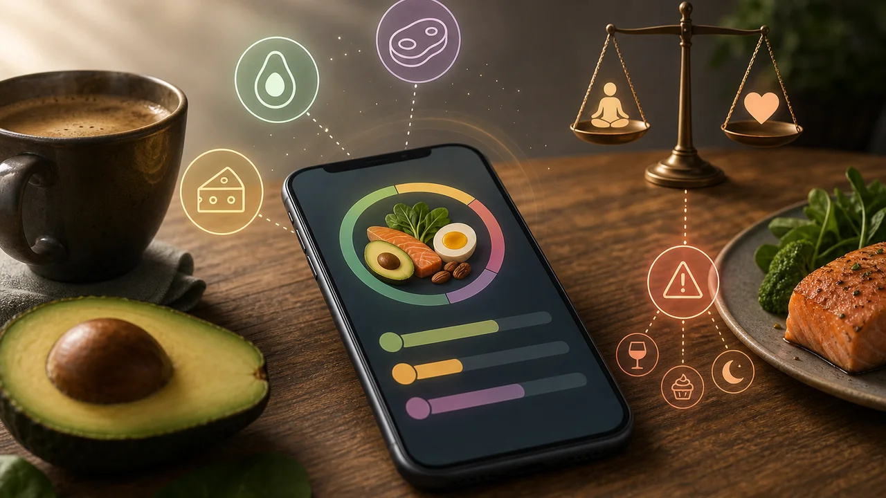 Illustratie van een smartphone met abstracte iconen voor maaltijdplan en macro's, zonder leesbare tekst