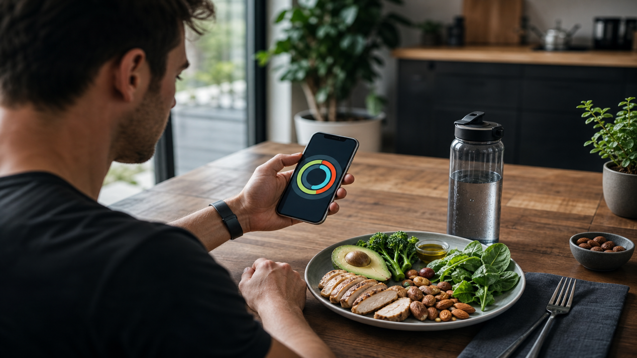 Smartphone mit Keto-Tagesübersicht neben Wasserflasche und Low-Carb-Mahlzeit auf einem Tisch