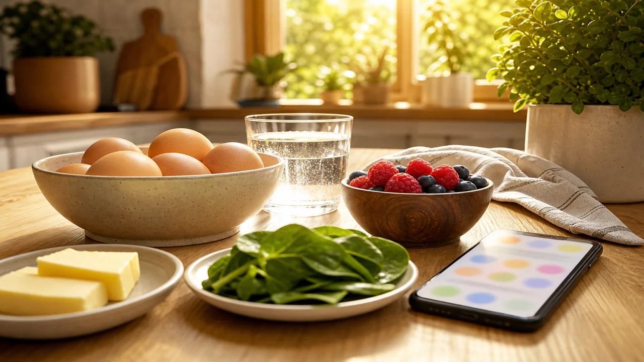 Warme Küchenszene mit einfachen Keto-Zutaten und Smartphone, das einen übersichtlichen Tagesplan zeigt