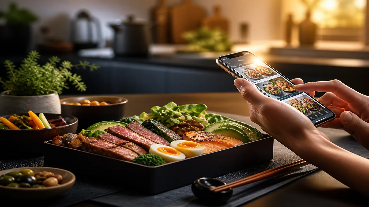 Japanese-style low-carb plated meal with chopsticks and soft pre-cook macro glow