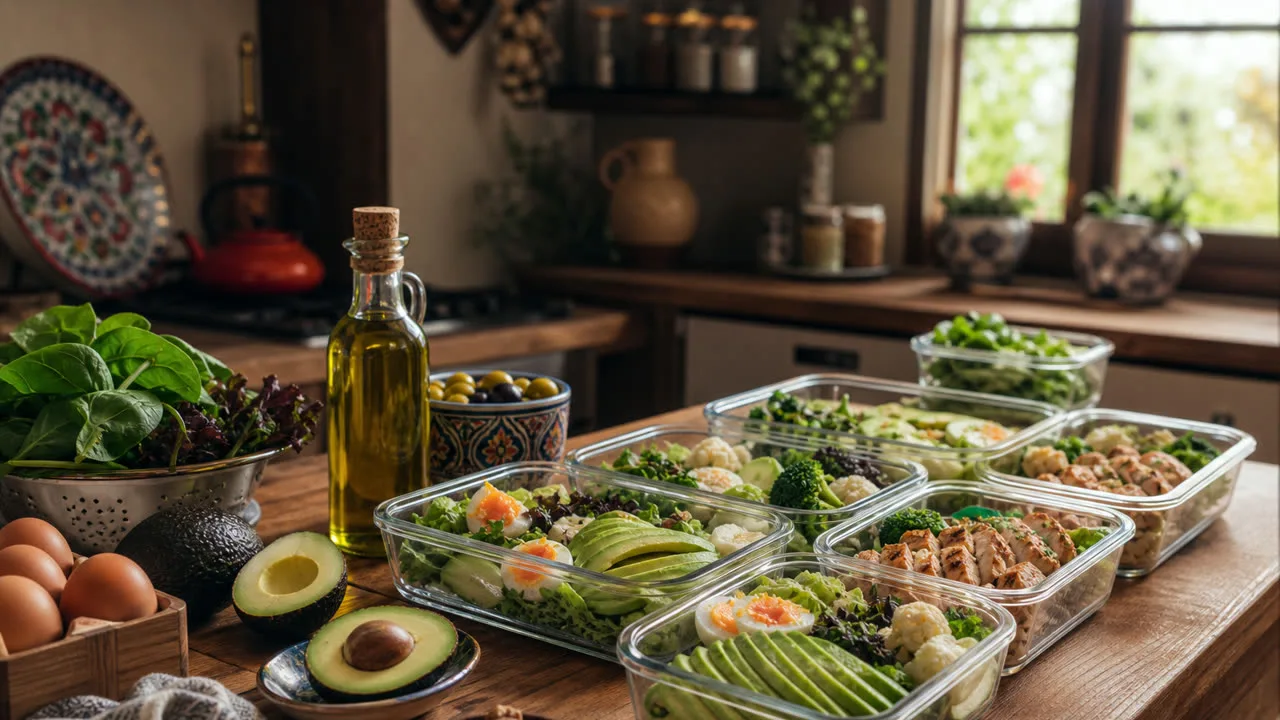 Kişiselleştirilmiş keto menü illüstrasyonu; telefonda dört öğün slotu ve makro özeti