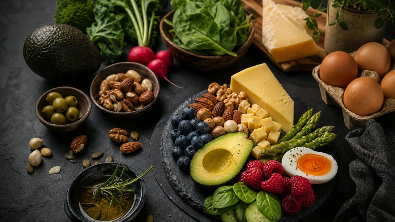Smartphone mit Kohlenhydrat-Zähler-Anzeige neben Low-Carb-Mahlzeit auf dem Küchentisch