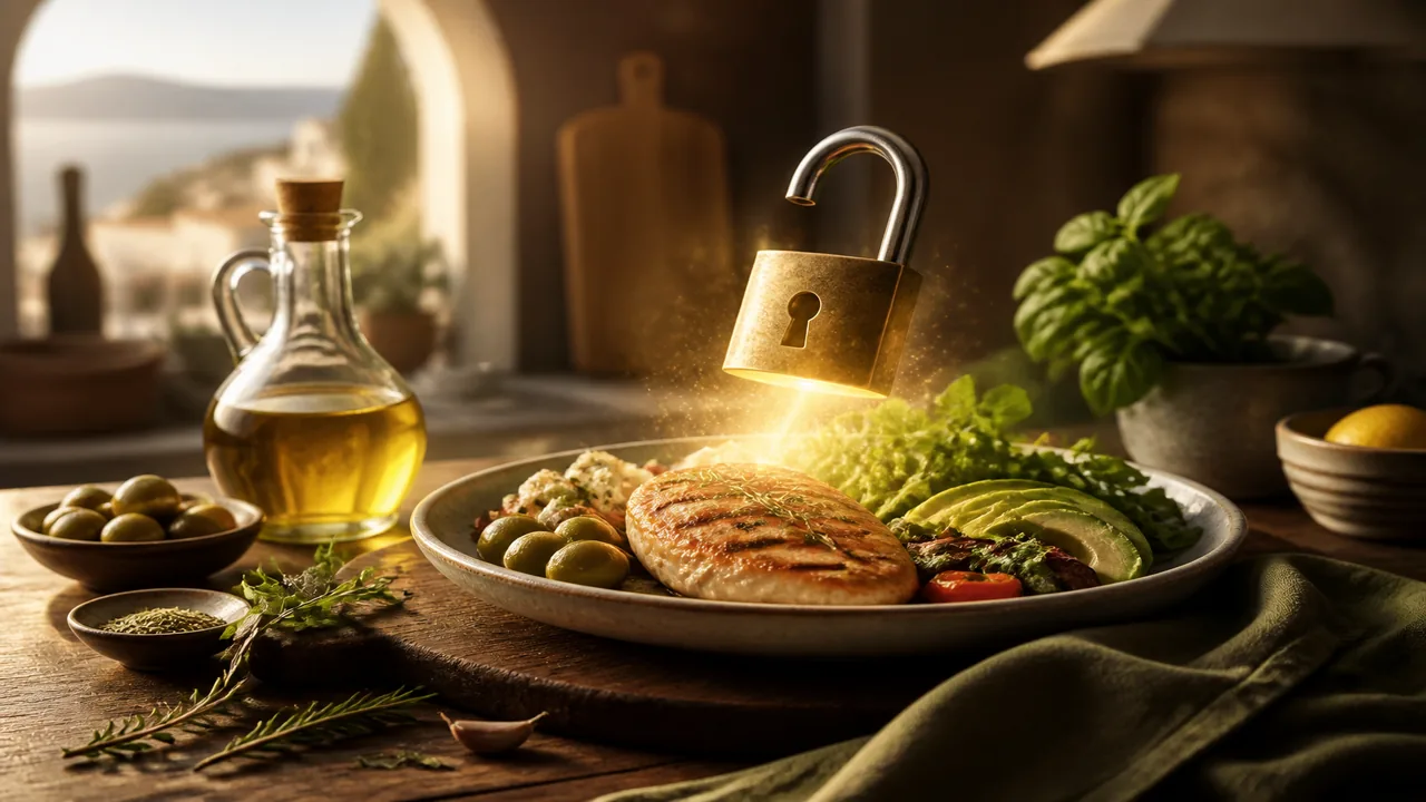 Simple Turkish keto plate with olive oil and greens and a soft unlock glow