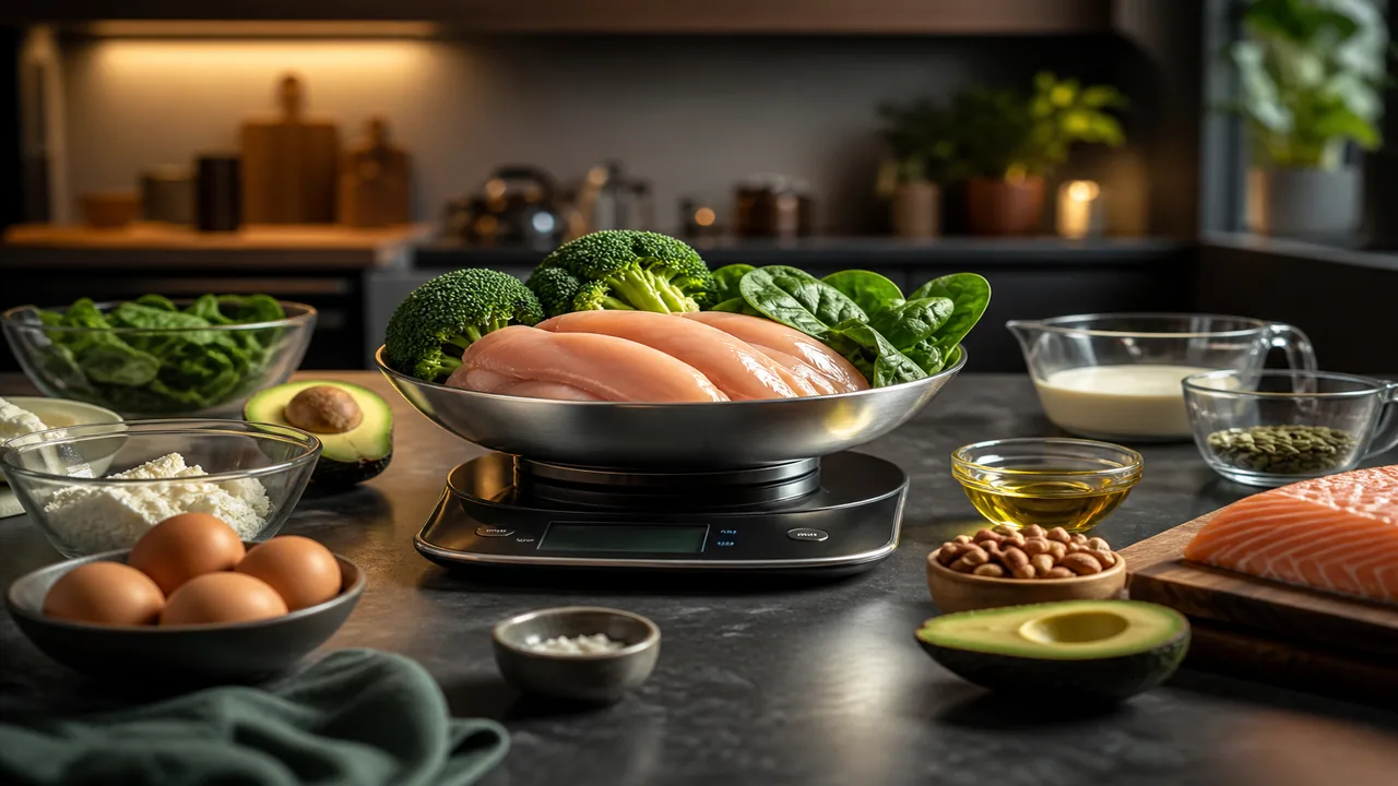 Kitchen scale with chicken and vegetables for easy keto recipes in grams