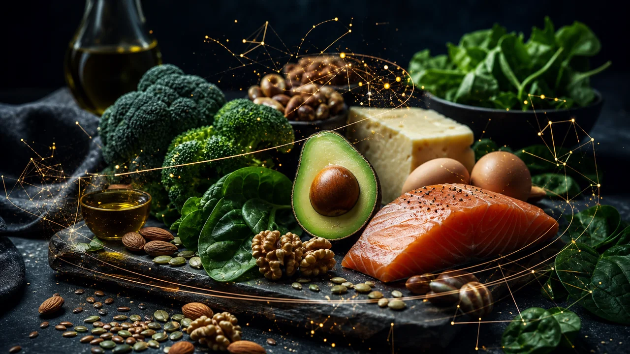 Ilustracja składników low carb z subtelną poświatą sugerującą liczenie węglowodanów netto