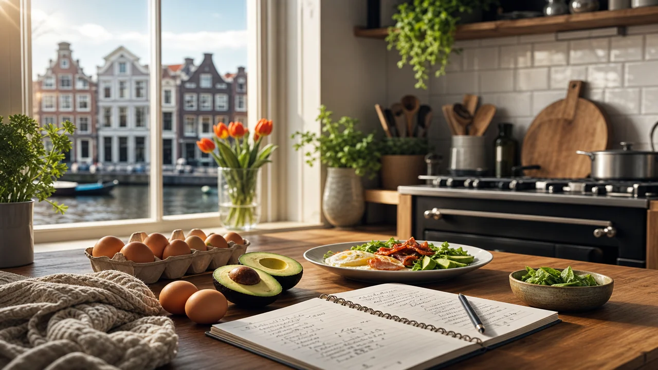 Nederlands keukenraam met eieren, avocado en weekmenu-notities in ochtendlicht
