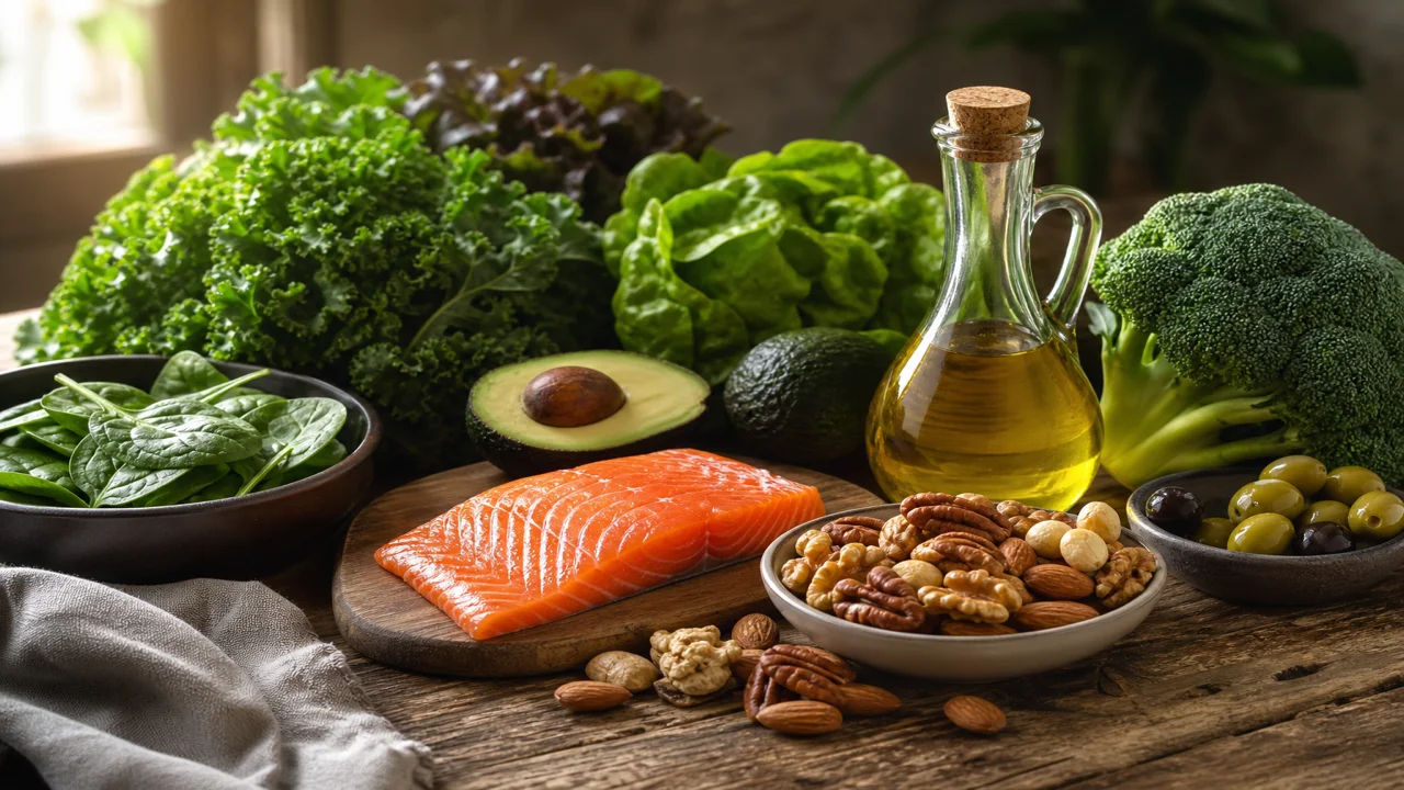 Soft editorial illustration of a low-carb grocery spread with leafy greens nuts and fish on a wooden table