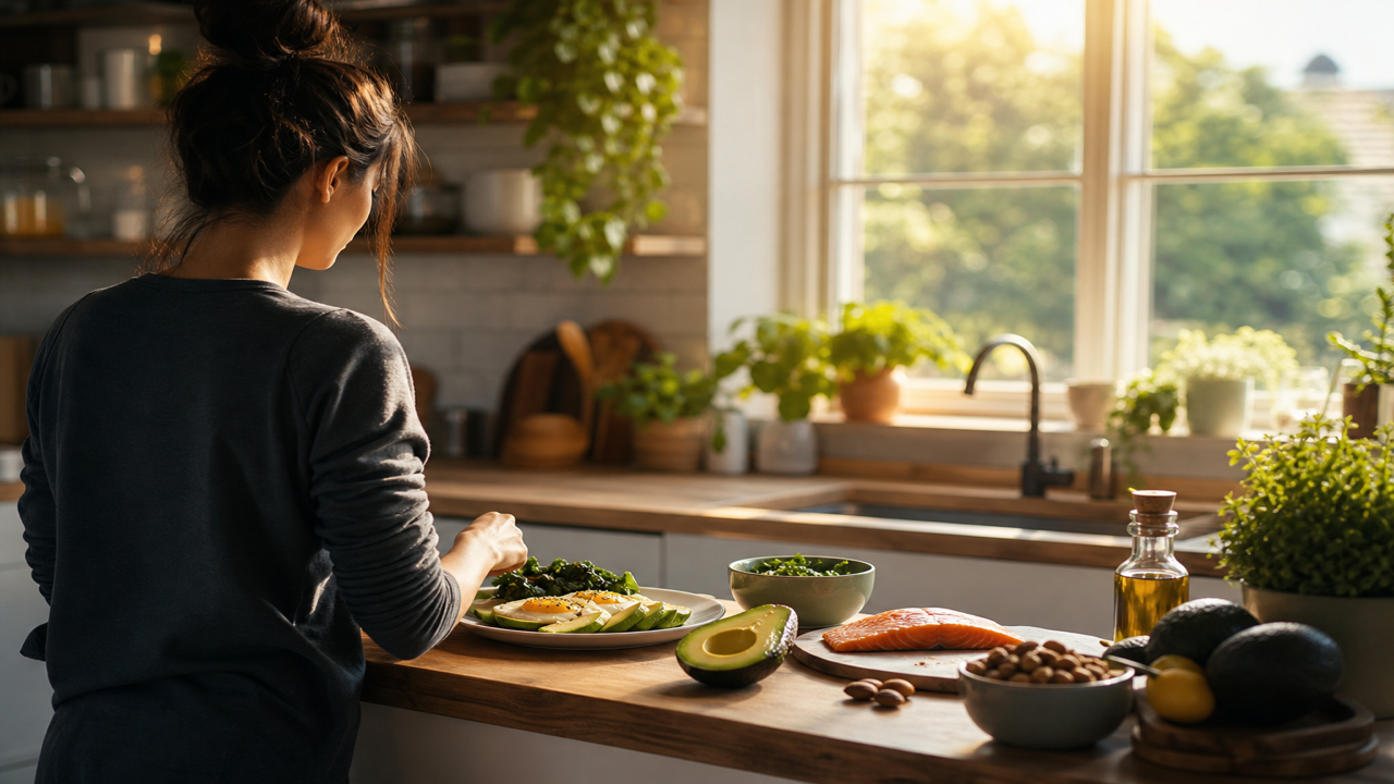 Ruhige Küchenszene mit Low-Carb-Zutaten und Smartphone, das eine übersichtliche Keto-App-Oberfläche zeigt