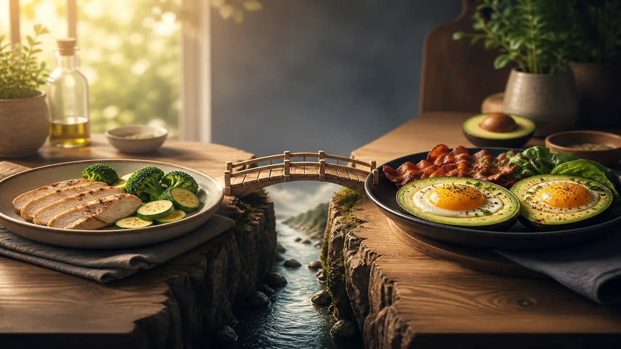 Editorial illustration bridging a low-carb plate toward a keto avocado breakfast in warm light