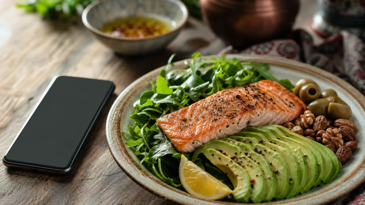 Makro halkaları gösteren telefon ekranı ve hazır keto öğün kasesi editoryal illüstrasyonu