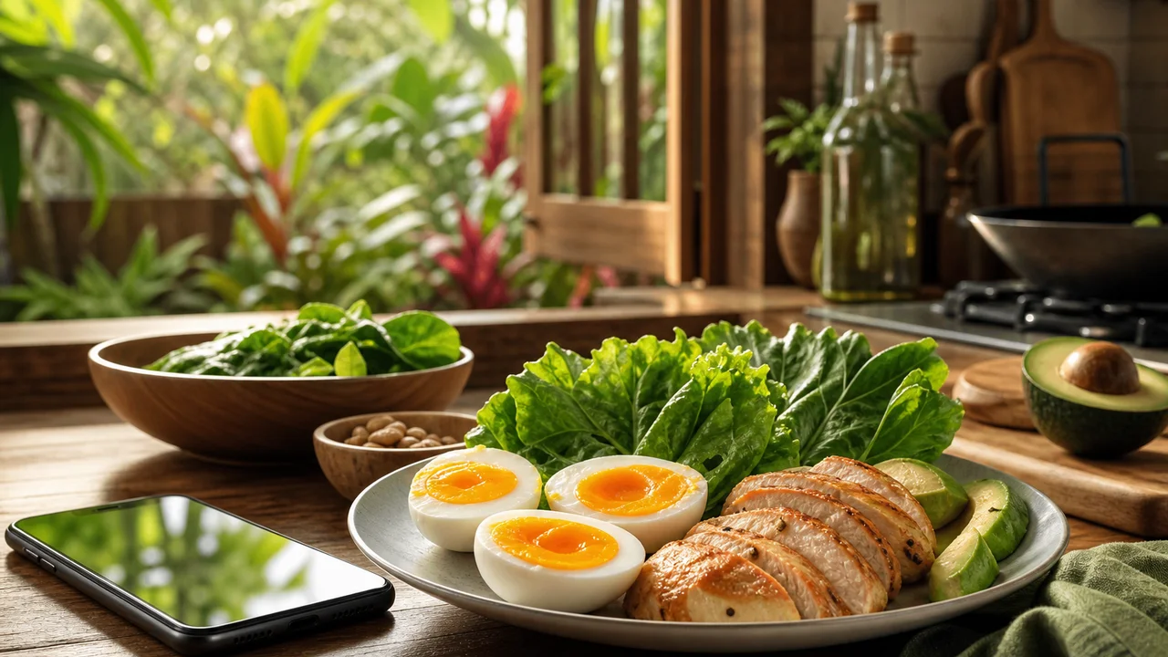 Ilustrasi editorial dapur dengan ponsel menampilkan menu diet keto dan bahan rendah karbohidrat