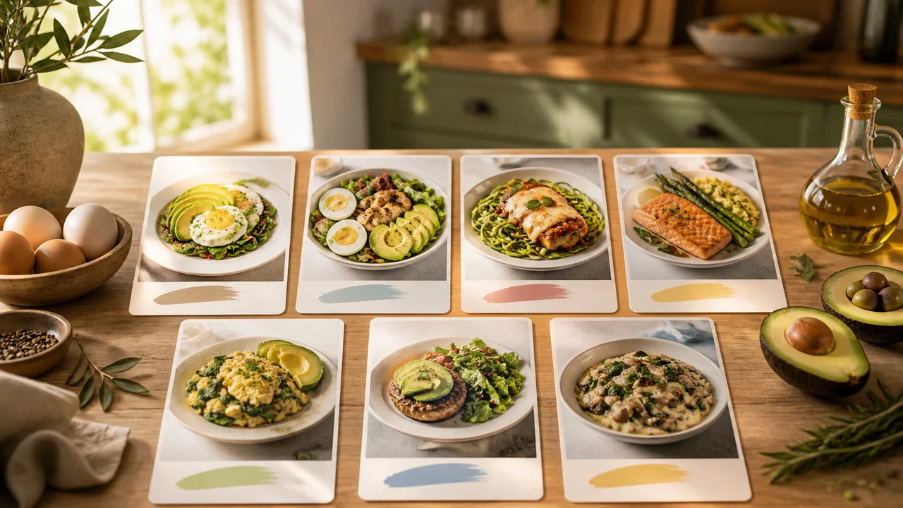 Cinematic illustration of a weekly keto meal grid beside fresh groceries on a Spanish kitchen counter