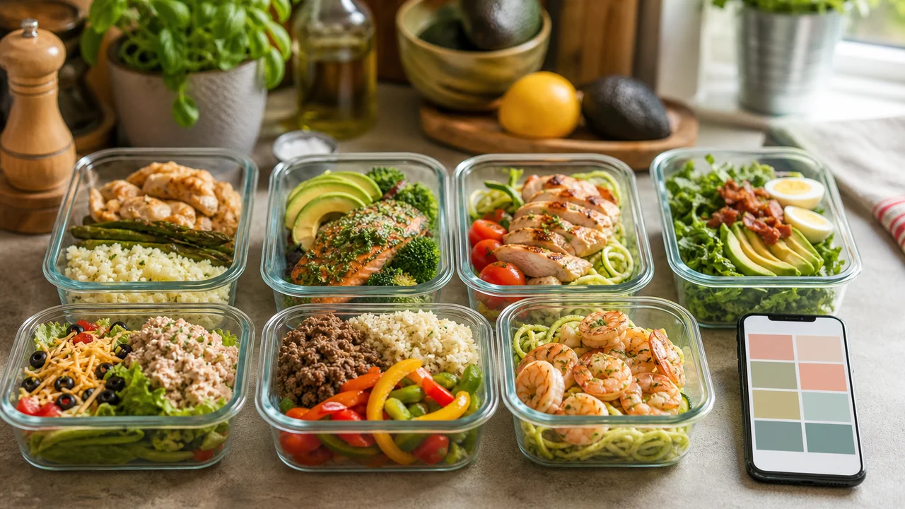 Plan de travail de cuisine avec sept contenants meal prep et téléphone affichant un menu keto semaine coloré