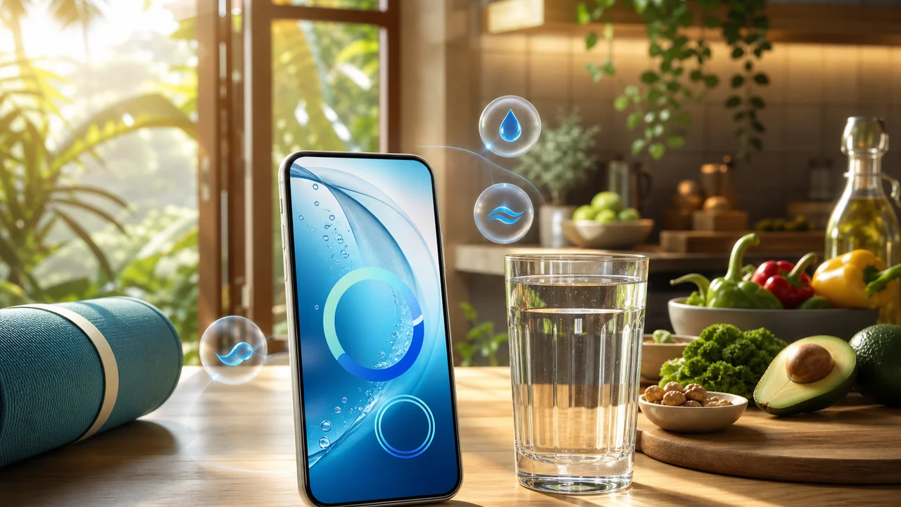 Minh họa biên tập màn hình chính có widget keto, cốc nước và thanh macro cạnh nhật ký bữa ăn