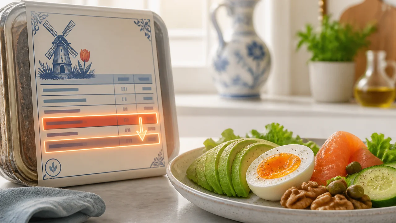Cinematic illustration of a Dutch food label beside a phone with editable net carb fields