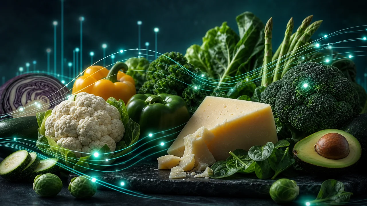 Illustratie van low-carb ingrediënten met een subtiele gloed die netto koolhydraten suggereert