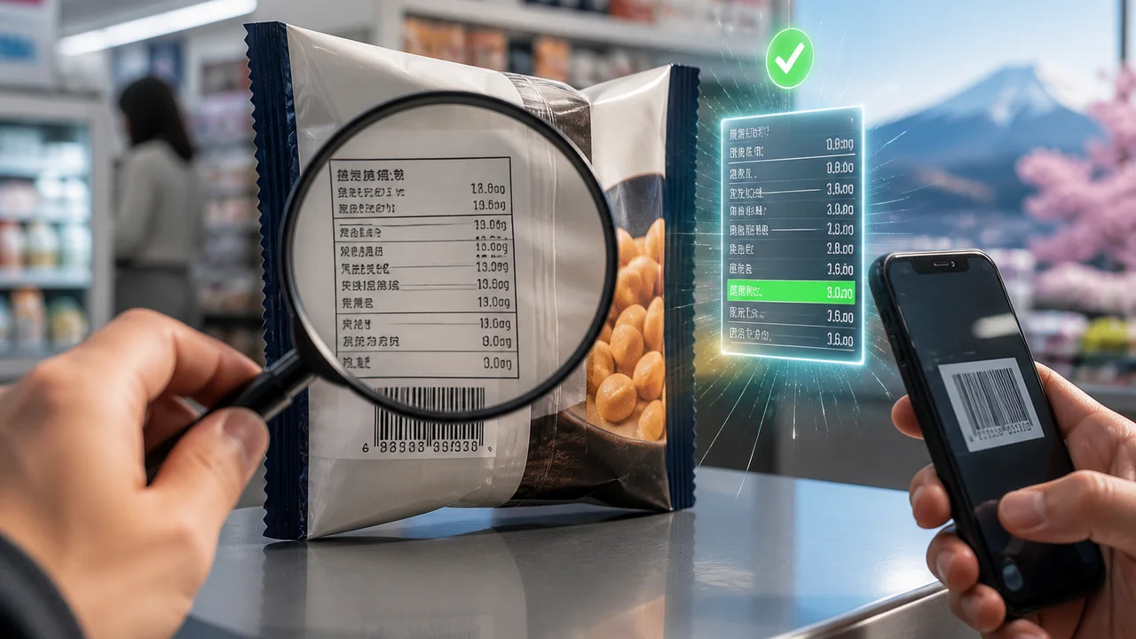 Cinematic illustration of a Japanese packaged food label beside a phone with editable net carb fields
