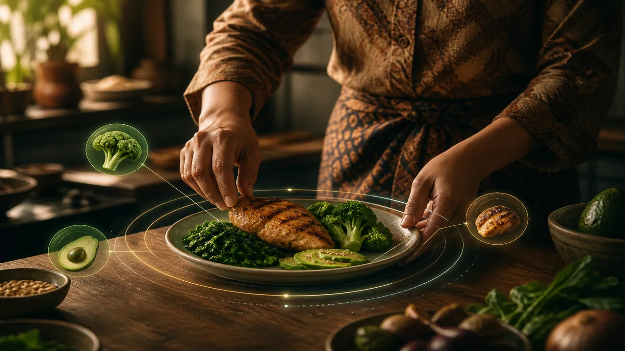 Hands adjusting a keto portion plate while soft macro rings recalculate nearby