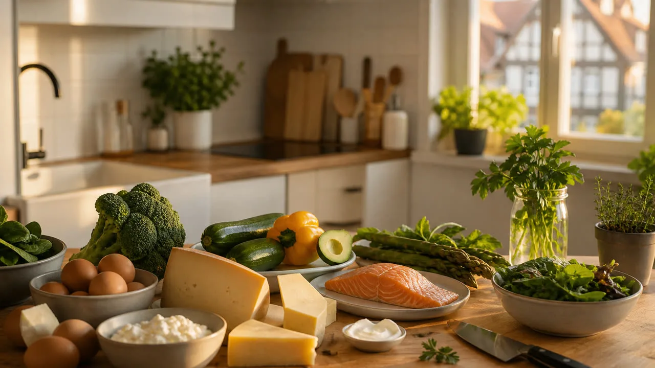 Personalisierter Keto-Tagesplan auf dem Smartphone neben frischen Low-Carb-Zutaten auf der Küchentheke