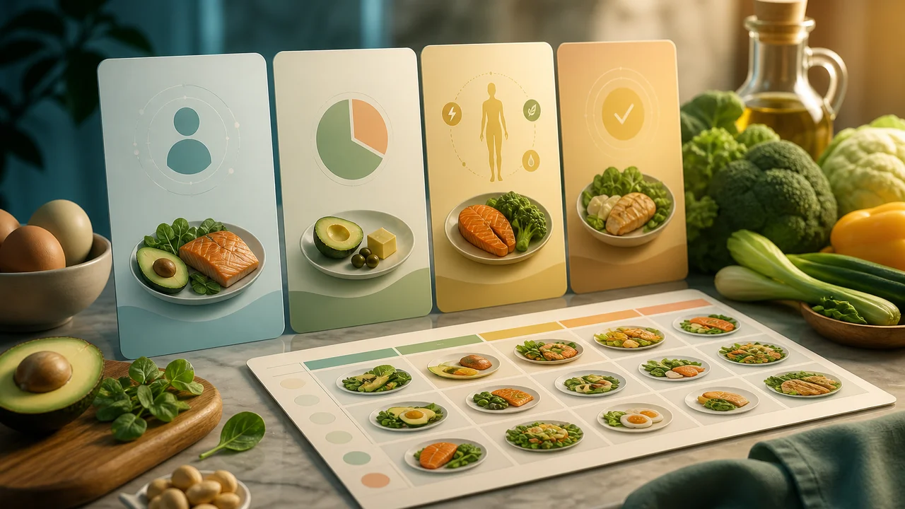 Cinematic illustration of onboarding cards beside a weekly keto meal plan on a kitchen counter