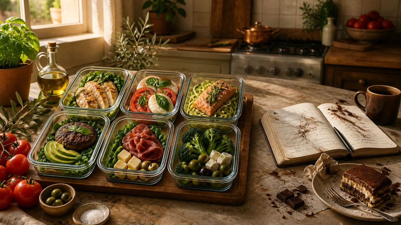 Cinematic illustration of an Italian keto lunch plate beside a phone showing editable daily meal slots