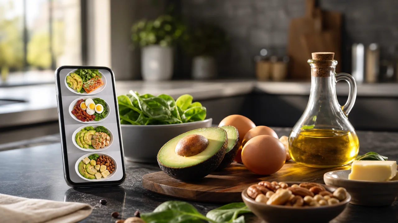 Illustrazione editoriale di un piano pasti keto su smartphone accanto a ingredienti low carb su un piano da cucina