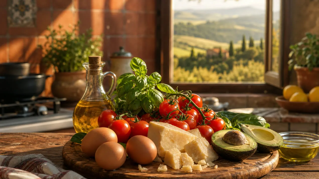 Piano da cucina con smartphone che mostra un piano keto personalizzato accanto a ingredienti low carb