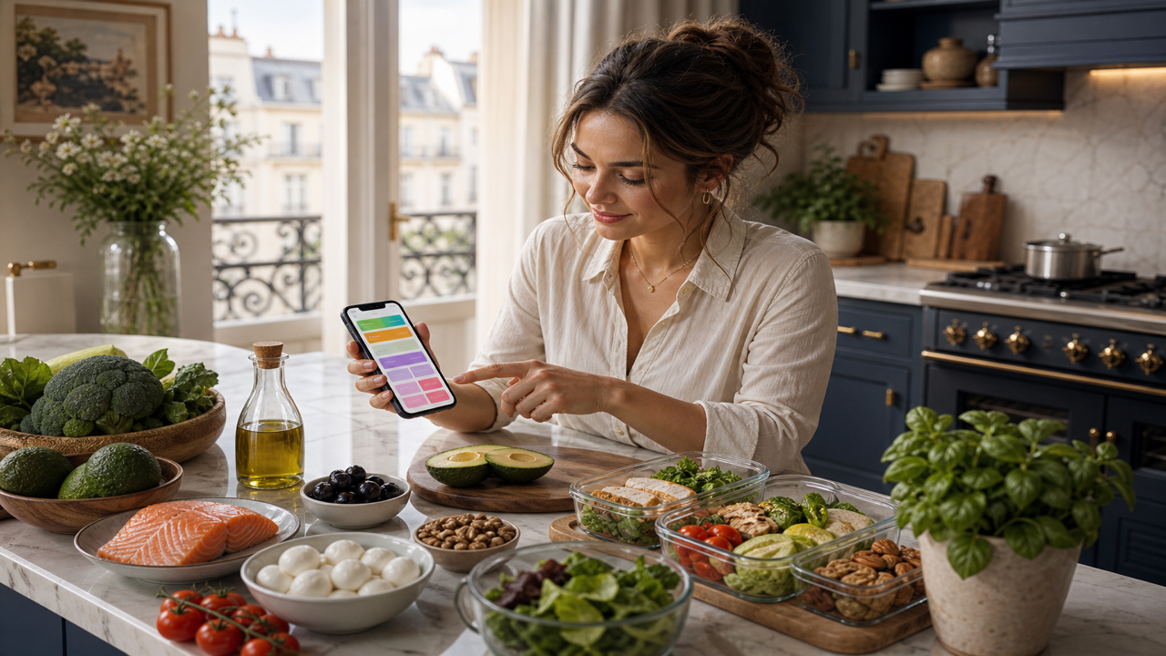 Plan de travail de cuisine avec téléphone affichant un plan de repas keto coloré à côté d'ingrédients low carb