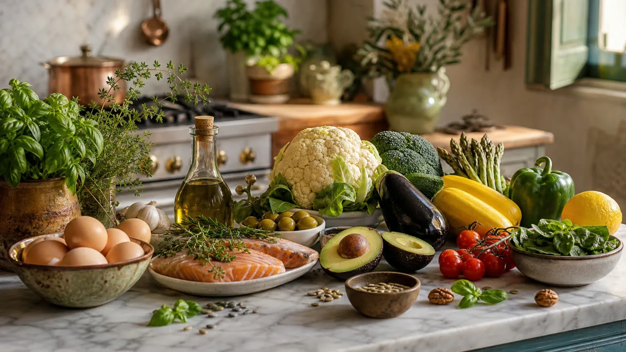 Plan de travail avec téléphone affichant un plan de repas keto personnalisé à côté d'ingrédients frais