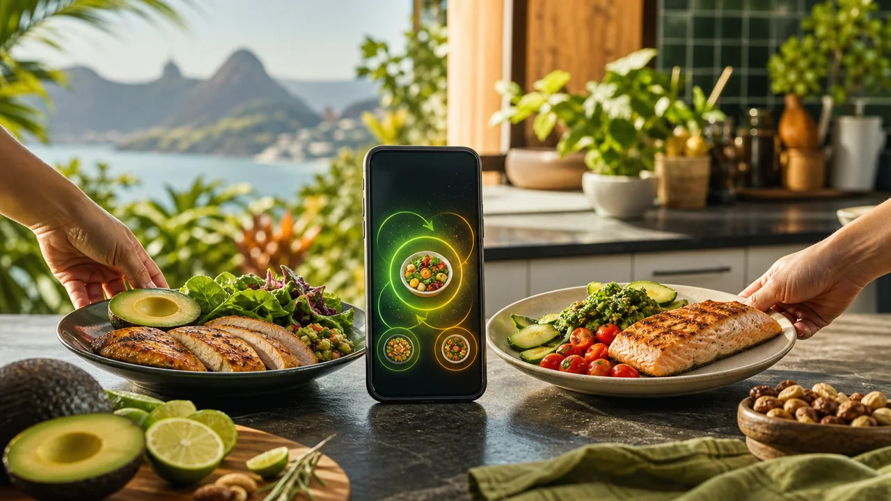 Ilustração editorial de celular com plano keto e prato alternativo ao lado de ingredientes brasileiros low carb