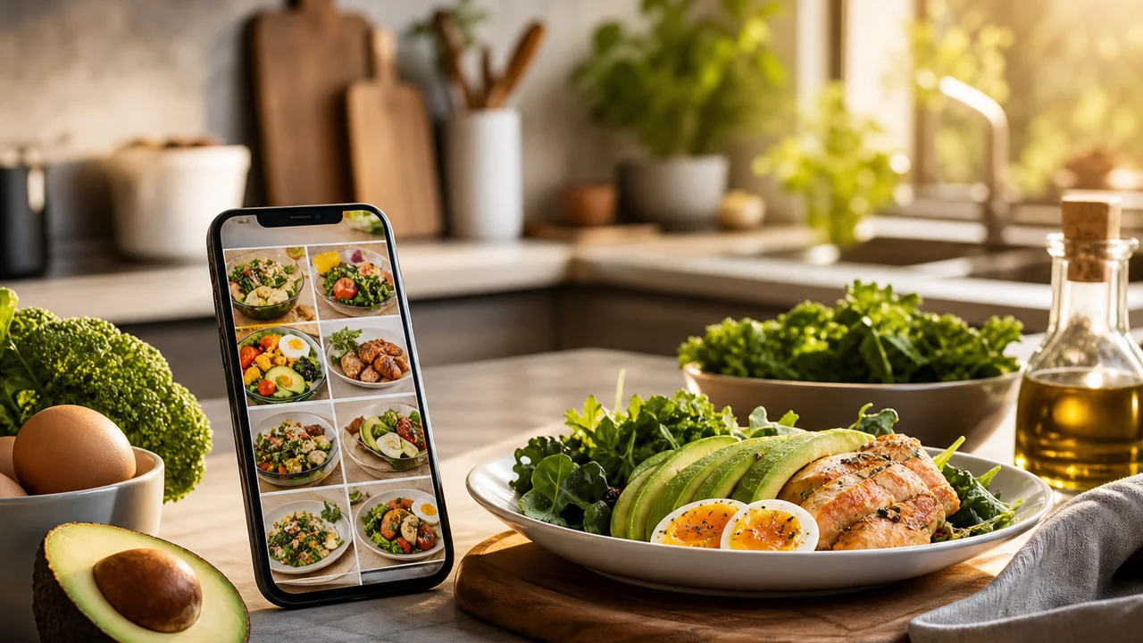 Ilustração editorial de bancada de cozinha com celular mostrando plano alimentar keto ao lado de ingredientes low carb